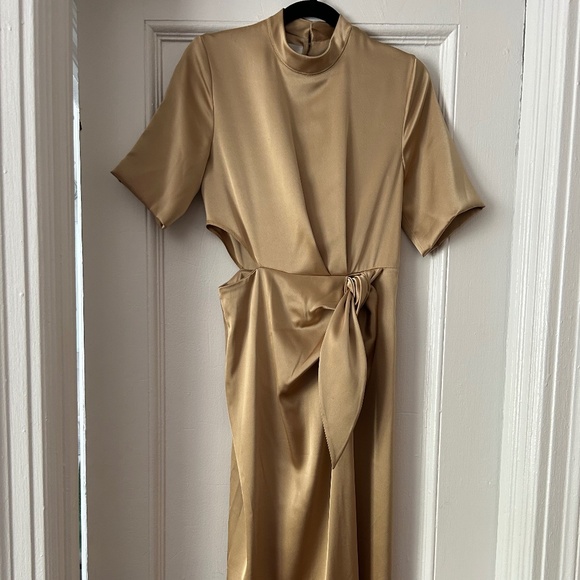 Nanushka XS Satin Gold Wrap Dress with Cutout - Picture 2 of 8